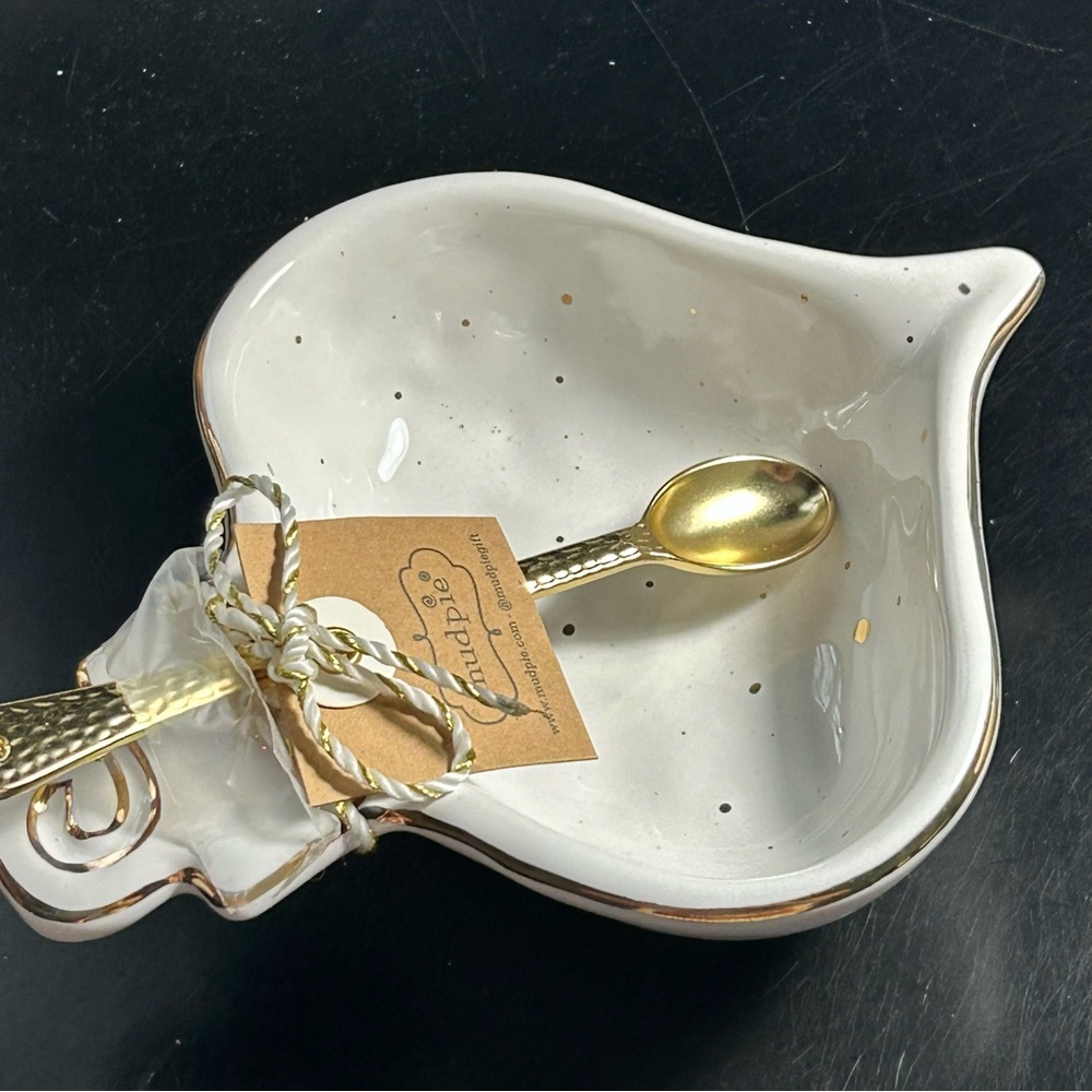 Mud Pie Festive Cream Ornament Bowl with Gold Accents & Gold Serving Spoon - Picture 3 of 7